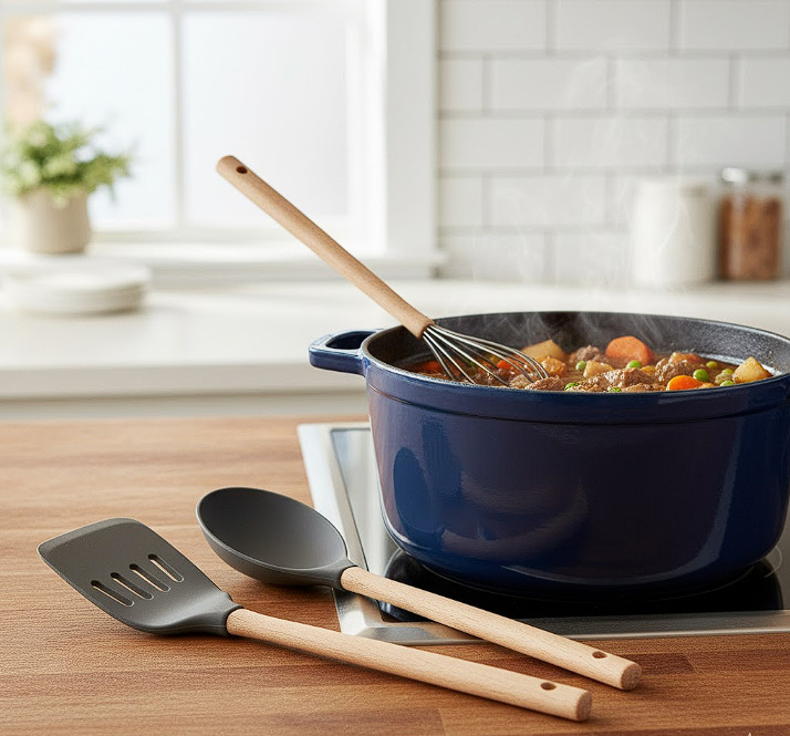 cast iron pan and kitchen utensils