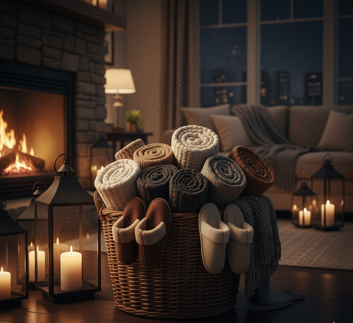 wicker basket full of quilts