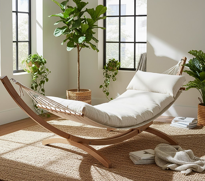A modern, low-slung floor hammock