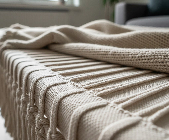 A close-up of the woven canvas or cotton fabric of a floor hammock, emphasizing the quality of the material and a soft throw blanket draped over the edge.