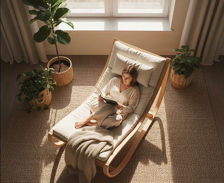 A view from above of a person lying comfortably in an indoor floor hammock, reading a book, with soft light coming from a nearby window