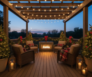 A spacious wooden deck at dusk, decorated for the holidays with warm white string lights draped over a pergola, natural pine garlands along the railing, and a central gas fire pit surrounded by cozy chairs with plaid blankets, creating a 'Holly Jolly' festive scene.