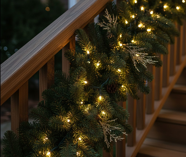A close-up of an outdoor railing wrapped densely with natural pine garland and warm white mini LED lights, illustrating the richness of the layered greenery and light
