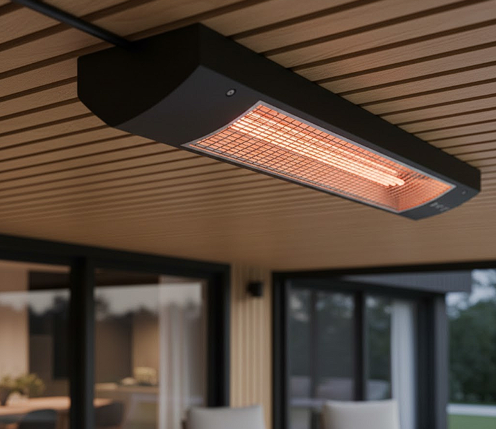 A close-up of a high-end, wall-mounted electric infrared patio heater blending into a wooden ceiling on a covered porch, showing a seamless thermal solution