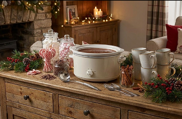 A beautifully styled Hot Cocoa Bar on a rustic wooden sideboard, featuring glass jars with marshmallows and candy canes, a stack of ceramic mugs, and a slow cooker filled with rich chocolate, surrounded by pine greenery