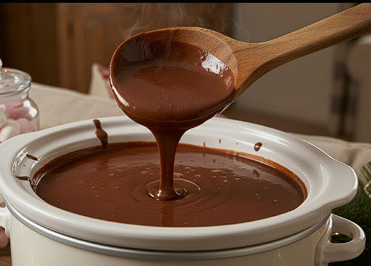 A close-up of a slow cooker filled with dark, glossy hot chocolate, with a wooden ladle lifting the liquid to show its thick, velvety texture