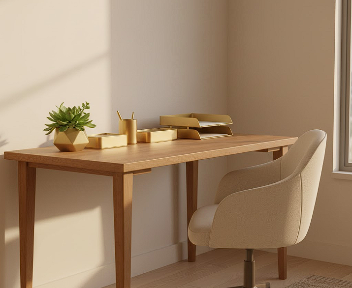 A clean and cozy home office setup with a light wood desk, a cream-colored ergonomic chair, a small potted plant, and aesthetic gold desk organizers under warm lighting.