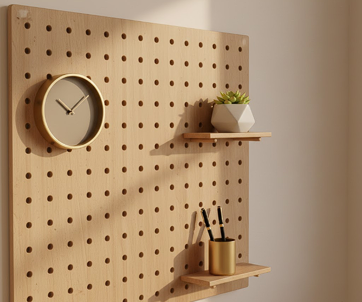 A wooden pegboard on a home office wall with aesthetic accessories, including a small clock, a wooden shelf with a succulent, and a set of designer pens